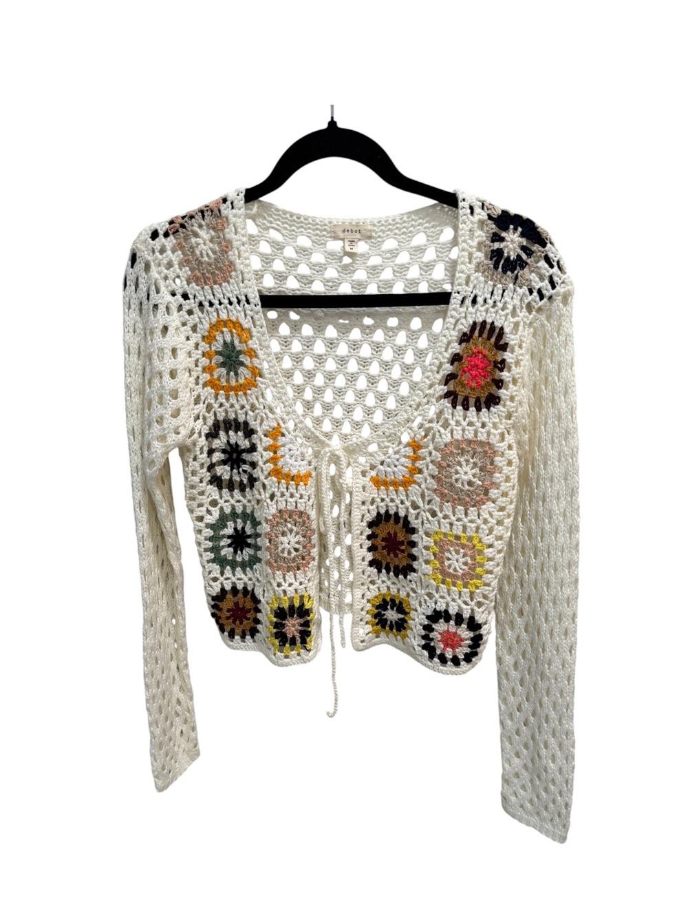 Womens Boho Grandma Core Cardigan Sz Medium Granny Square Crochet Open Knit